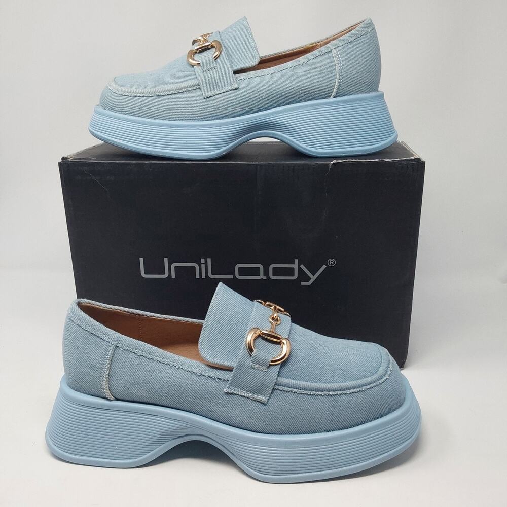 UniLady ROSY-2 Womens 8 Light Denim Blue Platform Loafers Gold Bit Shoes Box